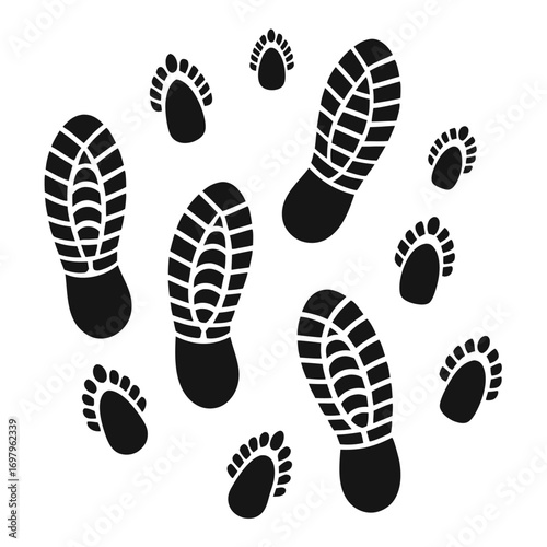 Footprints and shoe prints in black on a white background.