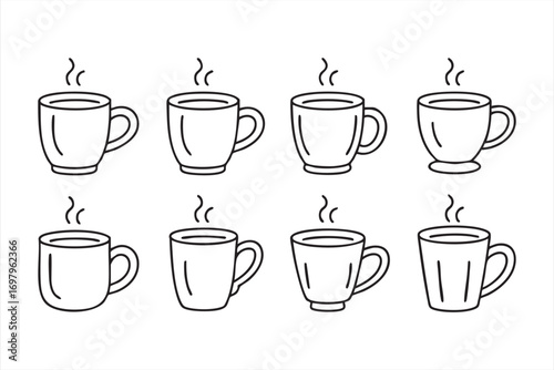 Breakfast drink vector set, outline steaming coffee cup illustrations