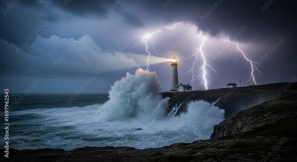 Fototapeta premium Lighthouse on a stormy night with crashing waves and dramatic lightning strikes.