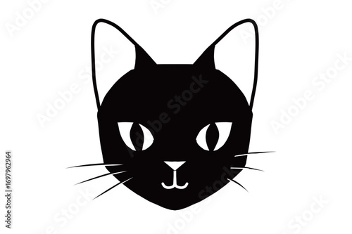 シンプルに描かれた黒猫の顔のベクターイラスト。ひげと鼻と口がモノクロ線画で表現され、アイコンやデザイン素材として使いやすい猫のイラスト｜猫,黒猫,顔,ひげ,鼻,ベクター