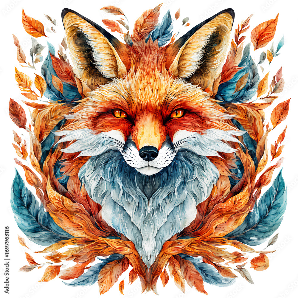Obraz premium a striking watercolor portrait of a fox with a flowing mane and body composed of delicate, autumnal feathers in shades of orange, blue, and white.