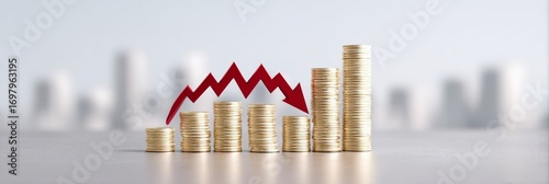 Staggered golden coins tumble beneath a crimson arrow, echoing fiscal turbulence, World Savings Day contemplation, financial paradox