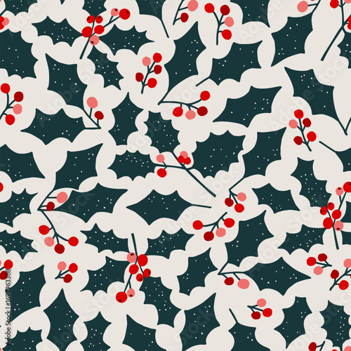 Christmas holly berry seamless pattern. Xmas hand drawn floral Scandinavian print for textile, wrapping paper, Christmas decorations. Nordic naive florals in simple winter ornament.