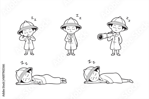 Cute little adventurer boy in uniform sleeping cartoon vector collection