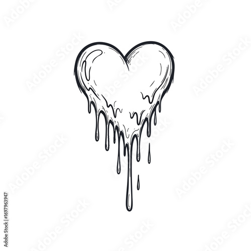 Black and white line art illustration of a melting heart with dripping liquid.