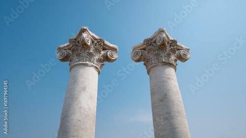 Two ancient Ionic columns stand sentinel against azure skies, evoking Hellenic architecture's serene grandeur, perfect for World Heritage Day