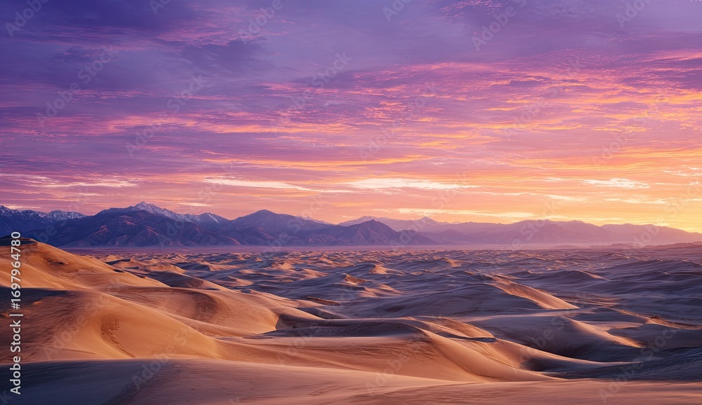 Naklejka premium Vast desert dunes at sunrise. Colorful sky over mountains