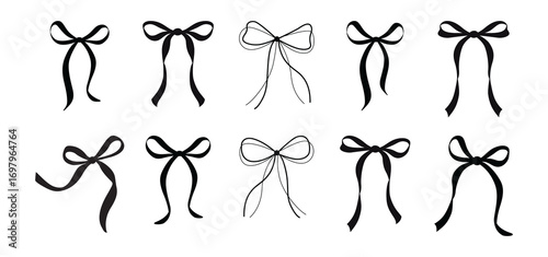 Simple hand drawn black bows. Bowknot for decoration, big set of bowtie. Large retro hand drawn ribbon illustration set. Set of various cartoon bow knot, gentle gift ribbon. Black collection set