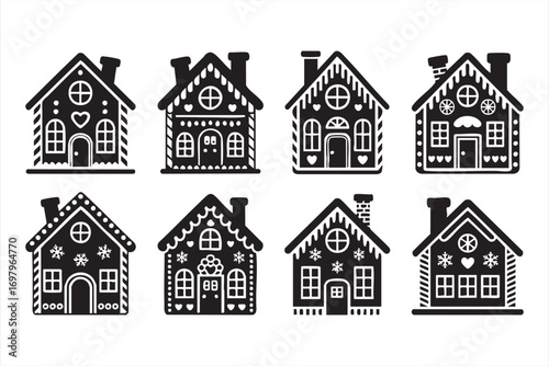 Gingerbread House Black White Vector Icon Collection