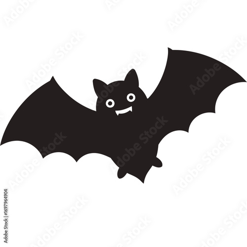 Cartoon Bat Silhouette with Wings Spread and Cute Fangs.