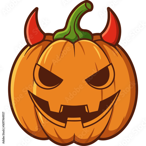 Cartoon Devil Pumpkin with Red Horns and Spooky Face.