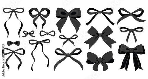 Simple hand drawn black bows. Bowknot for decoration, big set of bowtie. Large retro hand drawn ribbon illustration set. Set of various cartoon bow knot, gentle gift ribbon. Black collection set