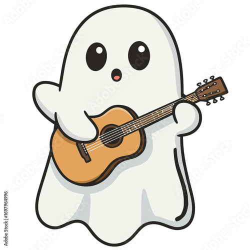 Cartoon Ghost Playing Acoustic Guitar with Joyful Expression.