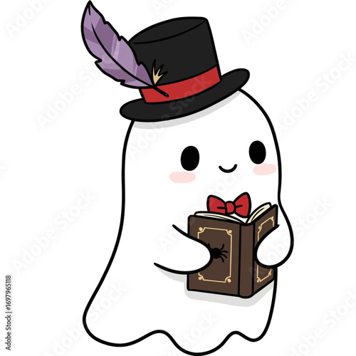 Cartoon Ghost Reading Book with Top Hat and Bowtie Illustration.