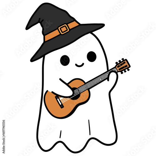 Cartoon Ghost Wearing Witch Hat Playing Guitar Illustration.