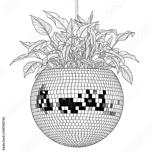 Detailed line art illustration of a houseplant growing out of a mirrored disco ball planter.