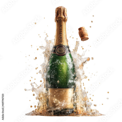 Champagne bottle with cork exploding and liquid splash on abstract background isolated on a transparent background