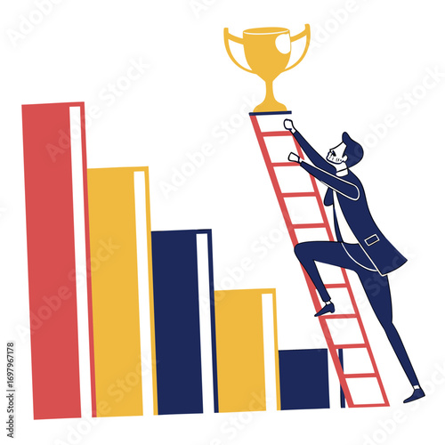 Businessman climbing a ladder towards a golden trophy placed on top of a rising bar graph representing success