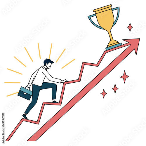 Businessman climbing an upward trending graph towards a golden trophy symbolizing success and achievement