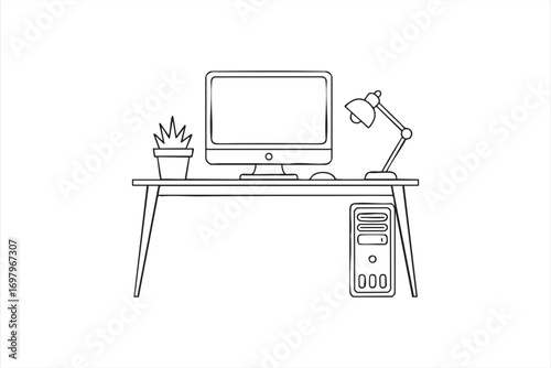 Vector Office Desk Illustration with Computer Lamp and Plant