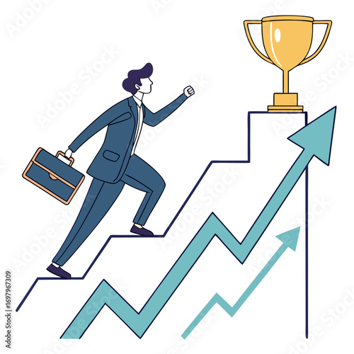 Businessman climbing stairs towards a golden trophy symbolizing career success and financial growth with upward trending graphs