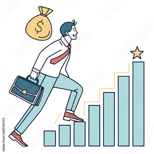 Businessman climbing stairs representing career growth and financial success with a money bag overhead