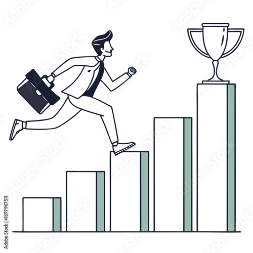 Businessman running up a bar graph towards a trophy symbolizing success and career advancement