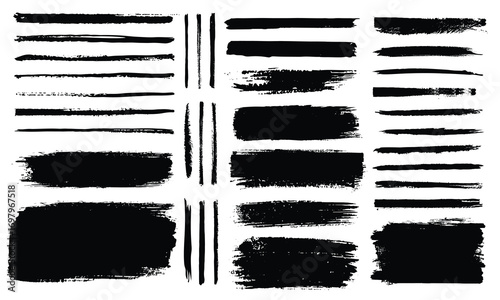 Straight line vector brush line. Black hand drawn stripes, smears. Chinese or Japanese calligraphy brushstrokes set. Rough grunge thick paint line texture. Sketch boxes collection.Vector Illustration