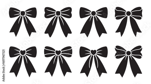 Vector art of collection of eight black bow tie icons with different sizes and styles