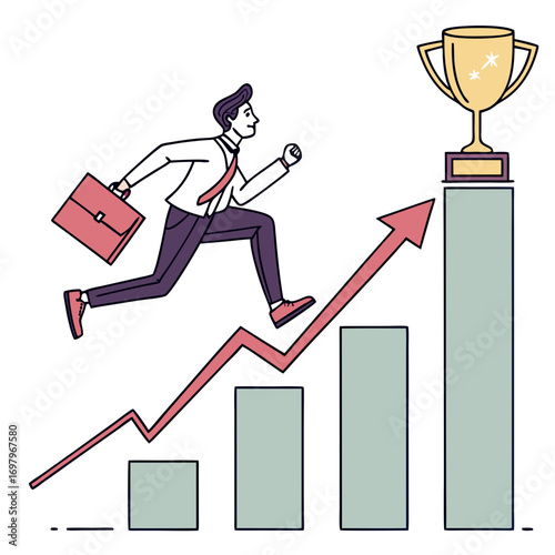 Businessman running up a rising graph towards a golden trophy symbolizing success and achievement in business