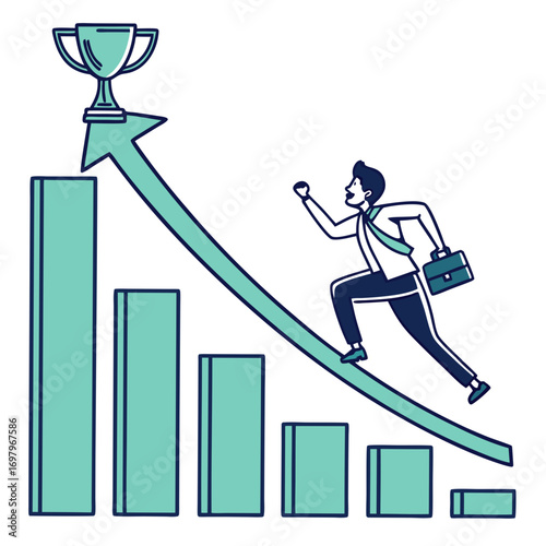 Businessman running up a rising graph towards a trophy symbolizing success and achievement in business