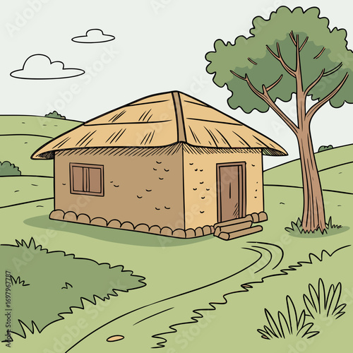 Charming illustration of a rustic thatched roof hut nestled in a serene green landscape with a large tree