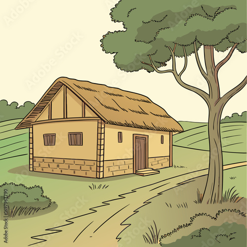 Charming thatched roof cottage nestled in rolling green hills with a large tree and winding path
