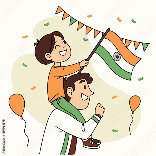 Joyful father carrying son on shoulders holding indian flag celebrating national holiday with confetti and balloons