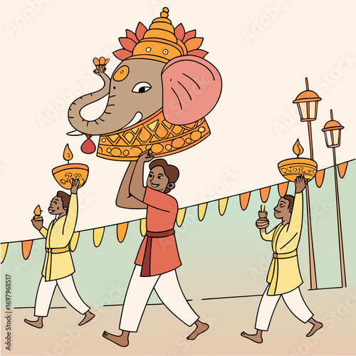 Men carrying a ganesha idol with diyas and lanterns during a festive procession celebrating indian culture and traditions