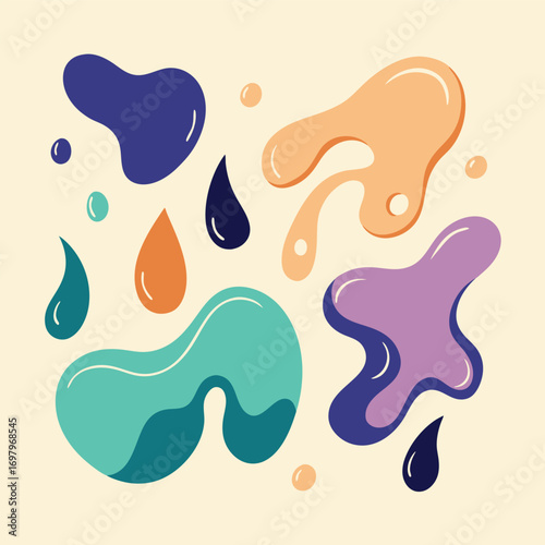 A collection of colorful abstract liquid shapes and glossy drops on a cream background.
