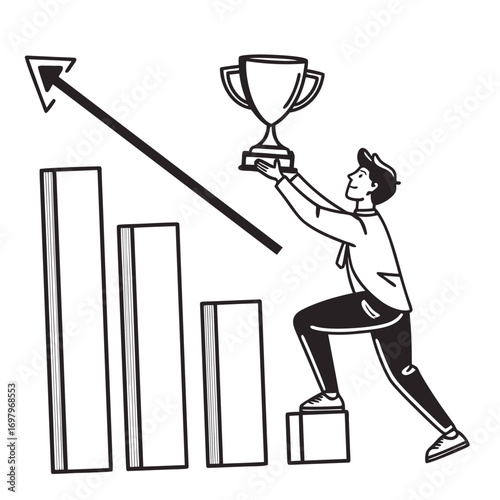 Man climbing steps of a bar graph holding a trophy symbolizing success and business growth