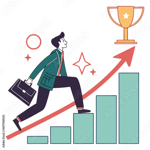 Motivated businessman climbing upward steps of growth chart towards golden trophy symbolizing success and achievement