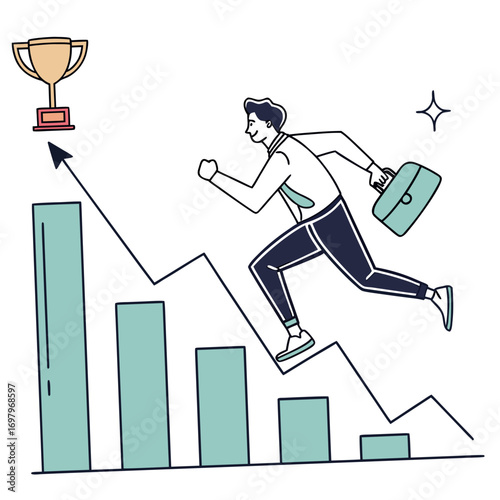 Motivated businessman running up a rising bar graph towards a golden trophy symbolizing success and achievement