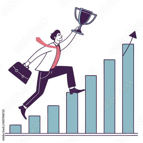 Successful businessman climbing ascending bar graph steps holding a trophy symbolizing achievement and career growth