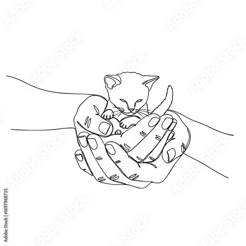 Minimalist oneline drawing of a tiny sleeping kitten held in cupped hands.