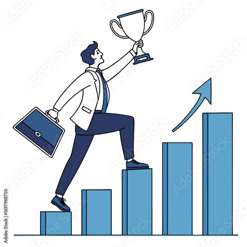 Successful businessman climbing stairs of success holding a trophy with a rising graph and arrow symbolizing growth and achievement