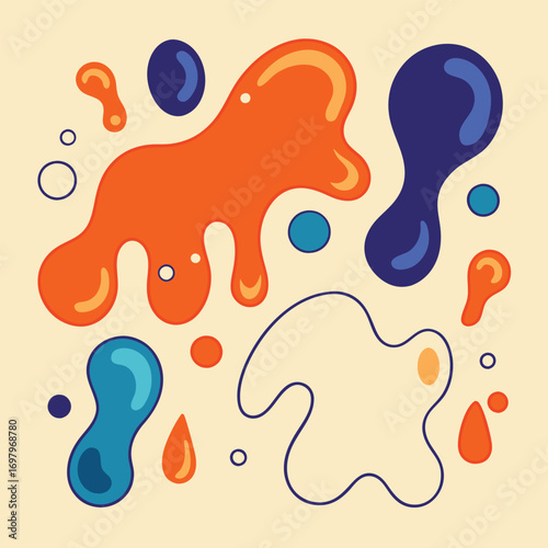 Abstract colorful organic shapes and blobs with outlines and circles on a light background, modern graphic design elements.