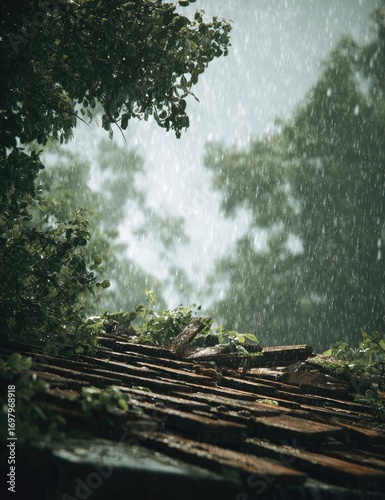 Rain-soaked roof of weathered terracotta tiles, lush greenery, and misty trees