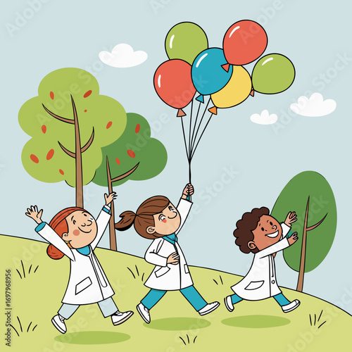Three happy diverse children in lab coats running outdoors holding a bunch of colorful balloons on a sunny day