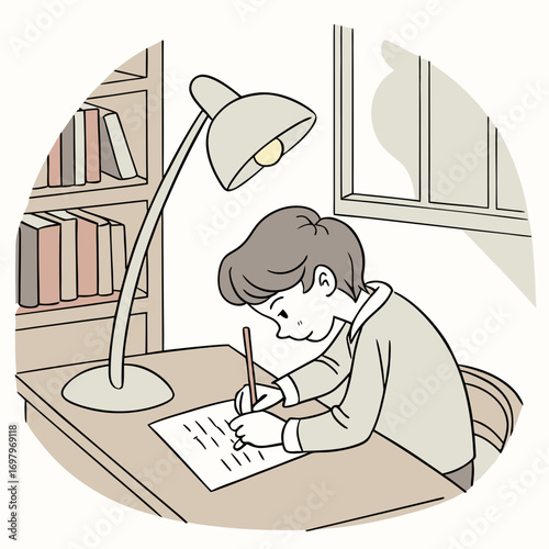 Young boy diligently studying at a desk under a lamp with books in the background and window light