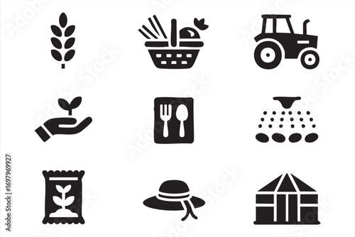 Agriculture Icons Featuring Harvest, Irrigation, and Organic Food