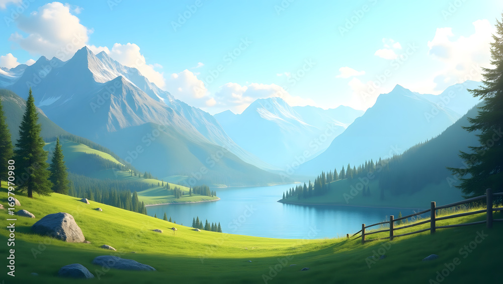 Fototapeta premium High-Resolution Realistic Mountain Valley Landscape with Open Space for Text