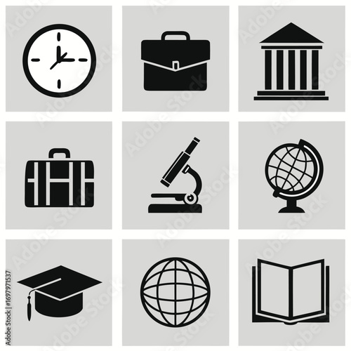 Set of Education and Business Icons on Grey Background Keywords: education, business, clock