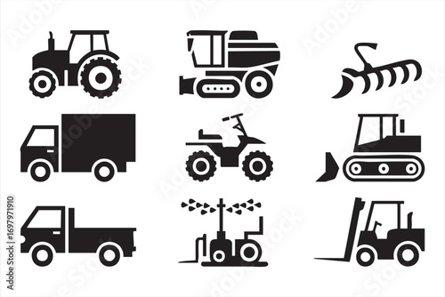 Farming Machinery Icons with Tractor, Harvester, and Forklift